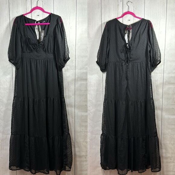 Boohoo Black Swiss Dot Mesh Puff Sleeve Maxi Dress Gothic Cottagecore Boho - Picture 2 of 15